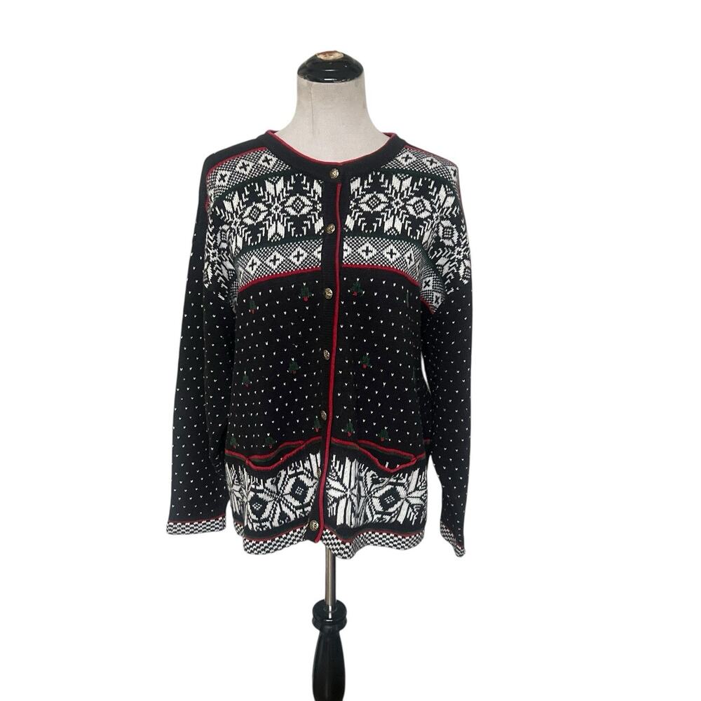 Koret Vintage Christmas Cardigan Sweater size Medium Fair Isle Snowflake Granny